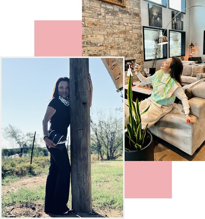 A collage of people sitting on couches and standing around.